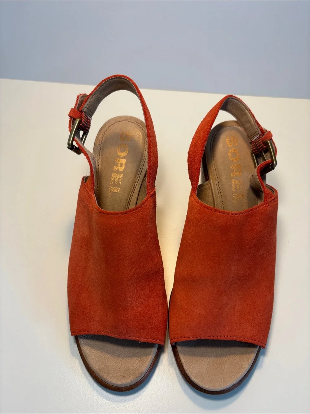 Sorel Orange Suede Peep-Toe Slingback Block Heel Sandals